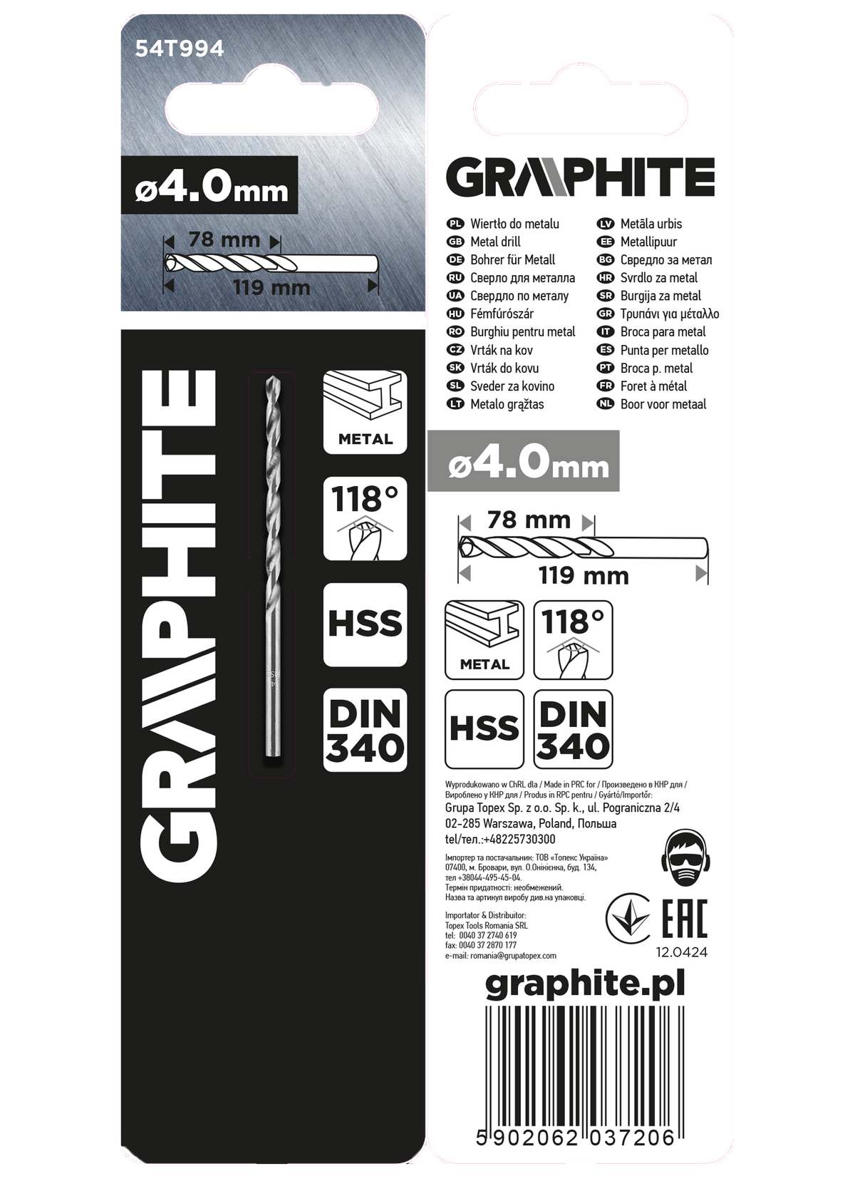 Vrták do kovu HSS, DIN 340, výsuvný, 4 mm od GRAPHITE nájdeš na naravis.sk