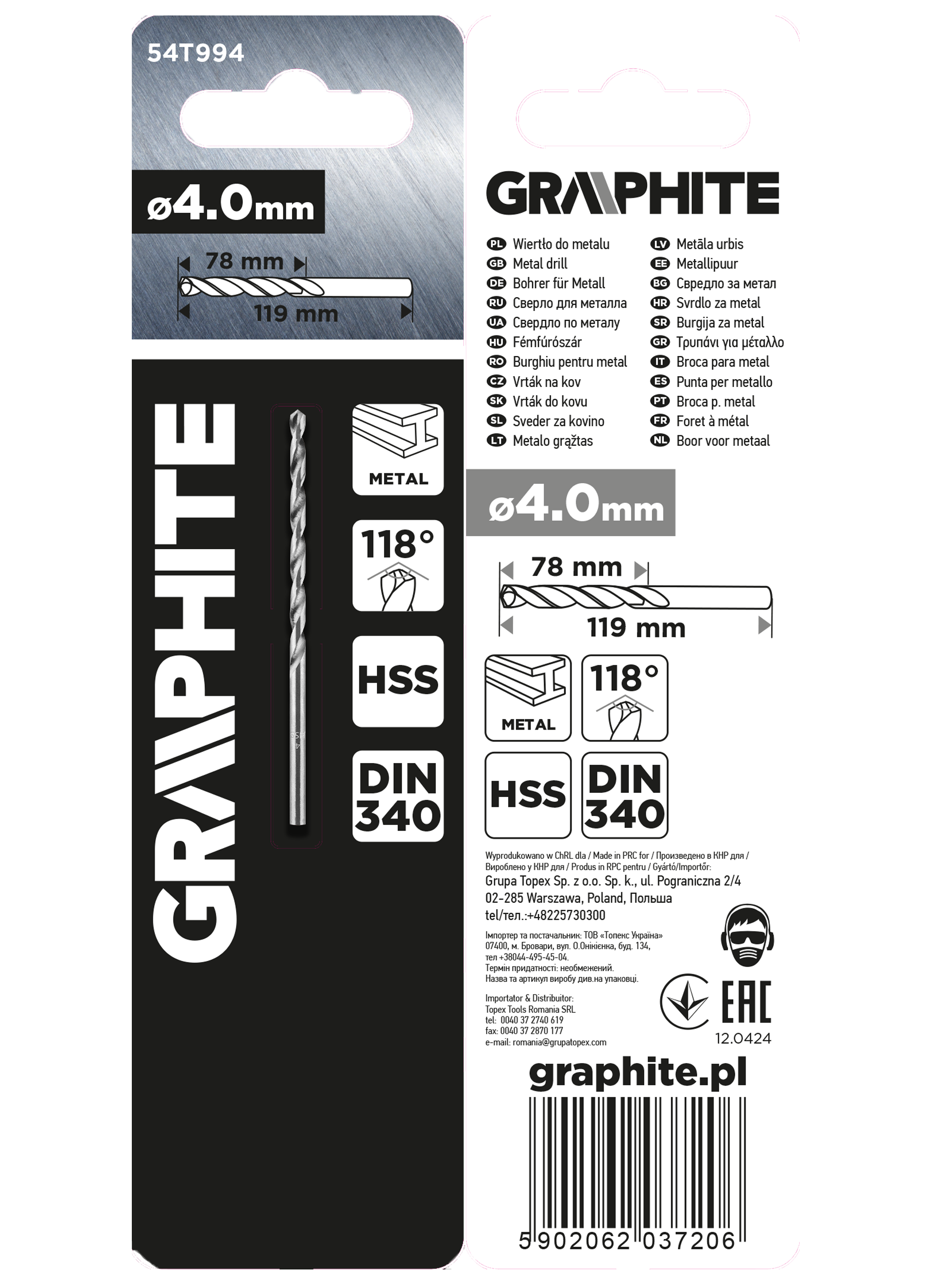 Vrták do kovu HSS, DIN 340, výsuvný, 4 mm od GRAPHITE nájdeš na naravis.sk