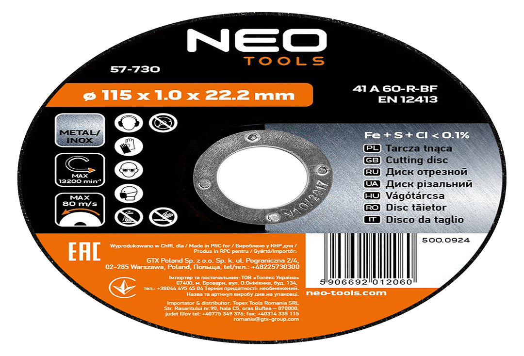 Rezný kotúč na kov 115 x 1,0 x 22,2 mm, 41 A60-R-BF, INOX, 10 ks. od NEO TOOLS nájdeš na naravis.sk
