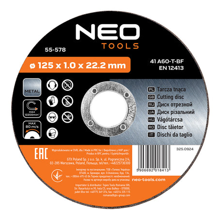 Kotúče na rezanie kovov 125 x 1,0 x 22,2 mm, 41 A60-T-BF, 10 ks fólie od NEO TOOLS nájdeš na naravis.sk