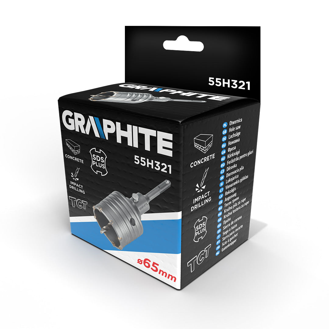 65 mm široká píla na diery s adaptérom SDS+ a pilotným vrtákom od GRAPHITE nájdeš na naravis.sk