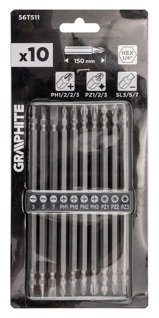 Sada dlhých obojstranných bitov: SL3 /5/7, PH1 /2 /2 /3, PZ1/2/3 x 150 mm, 10 ks. od GRAPHITE nájdeš na naravis.sk