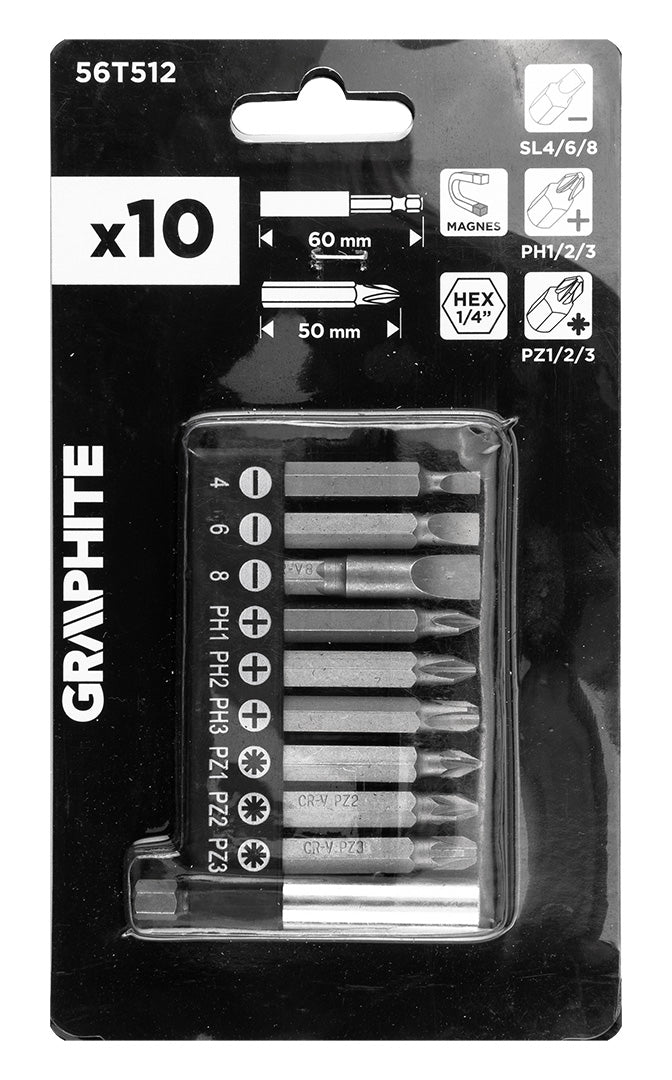 Sada bitov SL4/6/8, PH1/2/3, PZ1/2/3 x 50 mm, s magnetickým držiakom 60 mm, 10 ks. od GRAPHITE nájdeš na naravis.sk