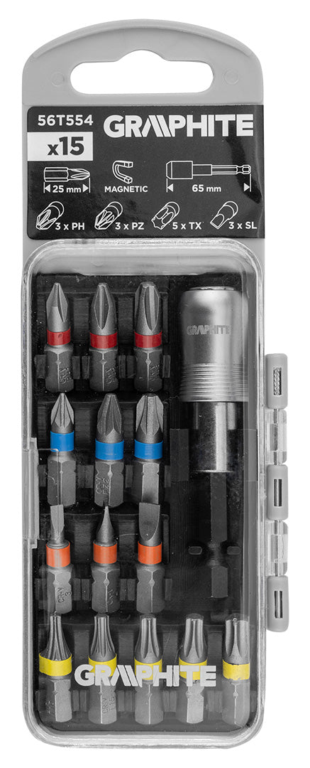 Sada bitov SL3/4/5, PH1/2/3, PZ1/2/3, TX10/15/20/25/30 x 25 mm, s držiakom s magnetom. 65 mm, 15 ks. od GRAPHITE nájdeš na naravis.sk