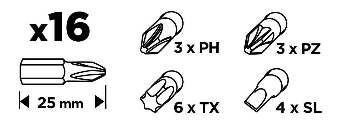 Sada bitov SL3/4/5/6, PH1/2/3, PZ1/2/3, TX10/15/20/25/27/30 x 25 mm, 16 ks. od GRAPHITE nájdeš na naravis.sk