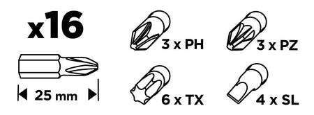 Sada bitov SL3/4/5/6, PH1/2/3, PZ1/2/3, TX10/15/20/25/27/30 x 25 mm, 16 ks. od GRAPHITE nájdeš na naravis.sk