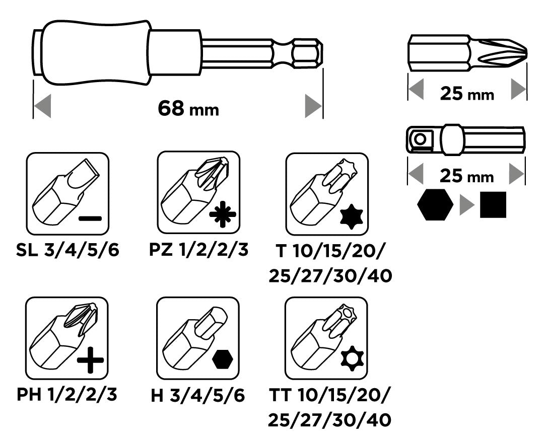 Sada bitov 25 mm, s magnetickým držiakom 68 mm, 32 ks. od GRAPHITE nájdeš na naravis.sk