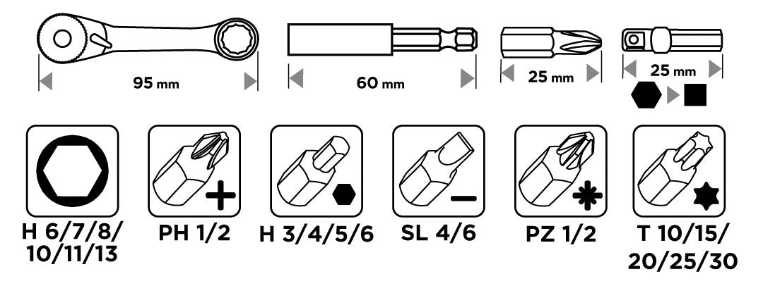 Sada 25 mm bitov a nástrčných hlavíc s račňou a 60 mm magnetickým držiakom, 24 kusov. od GRAPHITE nájdeš na naravis.sk