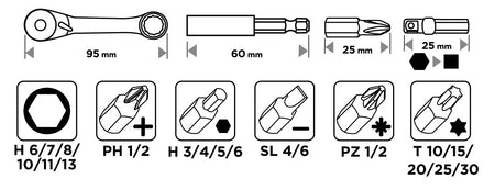 Sada 25 mm bitov a nástrčných hlavíc s račňou a 60 mm magnetickým držiakom, 24 kusov. od GRAPHITE nájdeš na naravis.sk