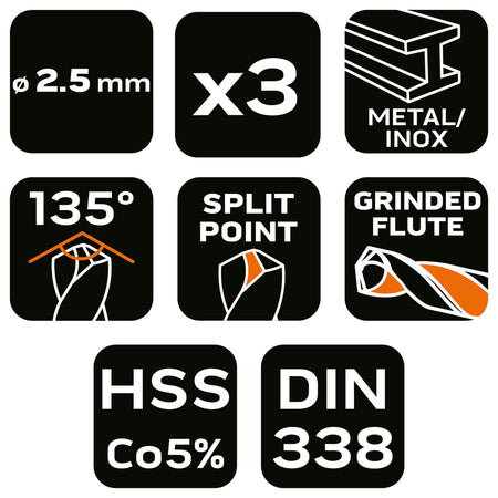 Vrtáky do kovu HSS-Co 2,5 mm, 3 ks. od NEO TOOLS nájdeš na naravis.sk