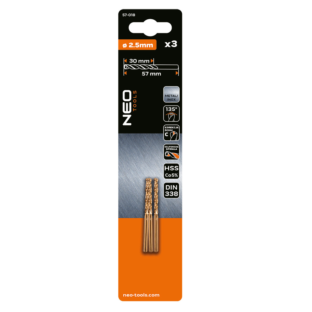 Vrtáky do kovu HSS-Co 2,5 mm, 3 ks. od NEO TOOLS nájdeš na naravis.sk