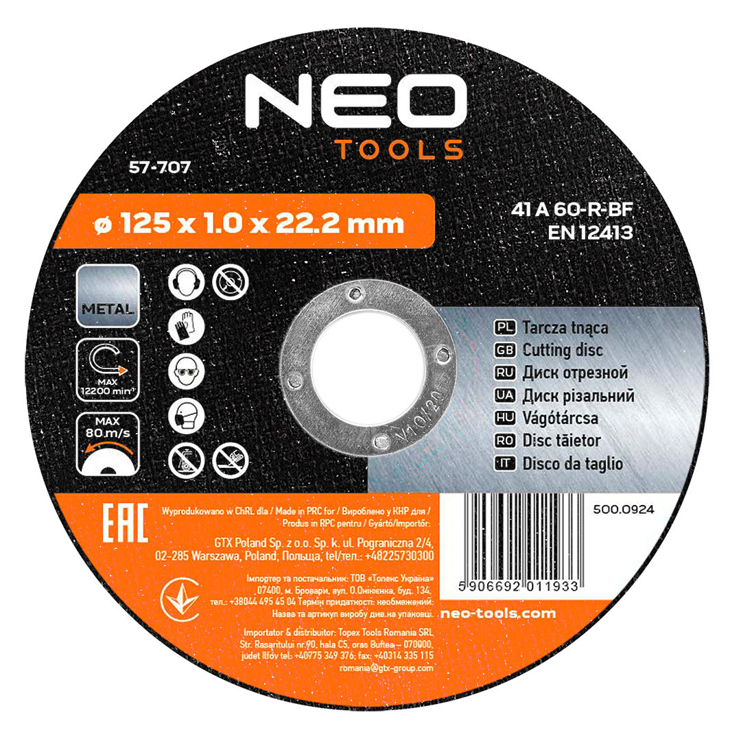 Kotúč na rezanie kovov 125 x 1,0 x 22,2 mm, 41 A60-R-BF od NEO TOOLS nájdeš na naravis.sk