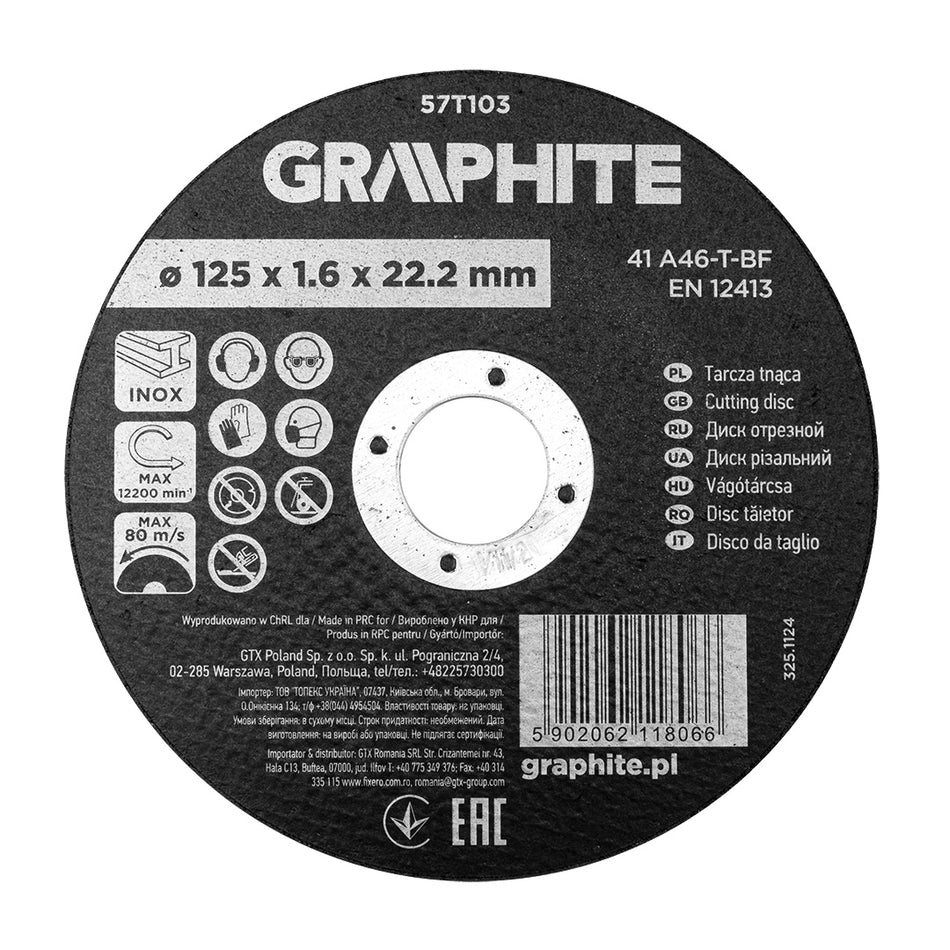 Rezný kotúč, oxid hlinitý na kov/INOX 125 x 1,6 x 22,2 mm, 41 A46-T-BF od GRAPHITE nájdeš na naravis.sk