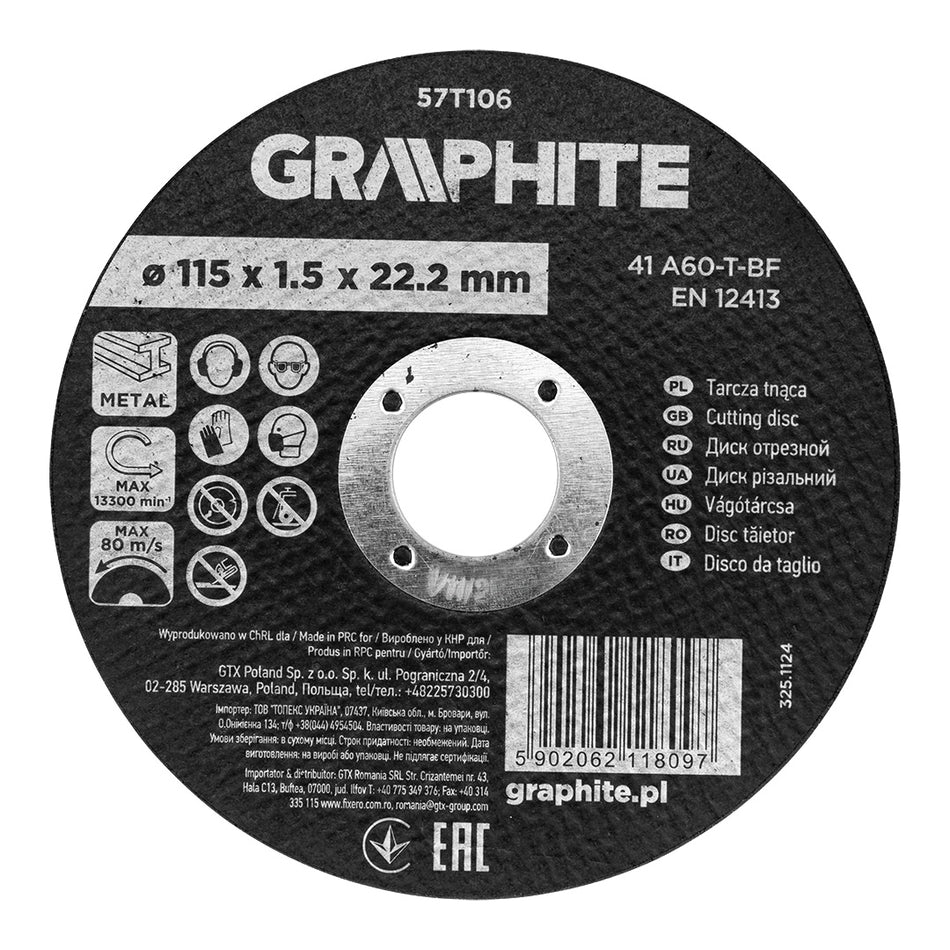 Rezný kotúč, oxid hlinitý na kov 115 x 1,5 x 22,2 mm, 41 A60-T-BF od GRAPHITE nájdeš na naravis.sk