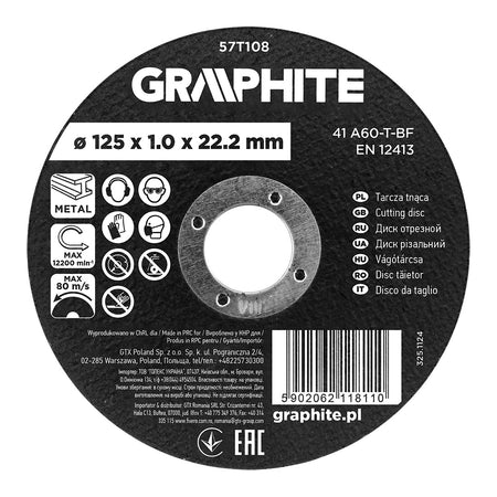 Rezný kotúč, oxid hlinitý na kov 125 x 1,0 x 22,2 mm, 41 A60-T-BF od GRAPHITE nájdeš na naravis.sk