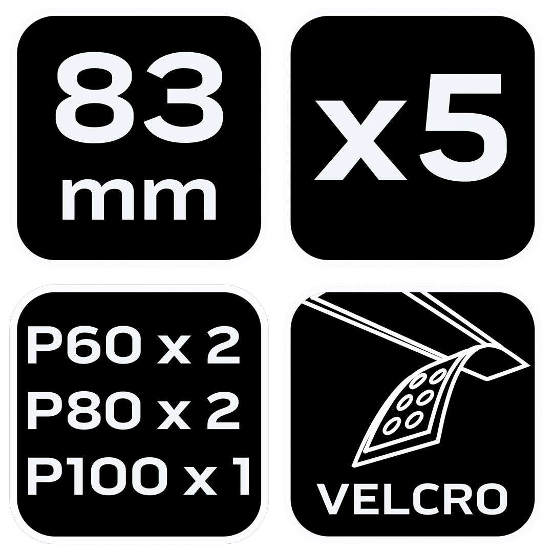 Brúsne listy so suchým zipsom, 83 x 83 x 83 mm (P60x2, P80x2, P100x1), 5 ks. od NEO TOOLS nájdeš na naravis.sk