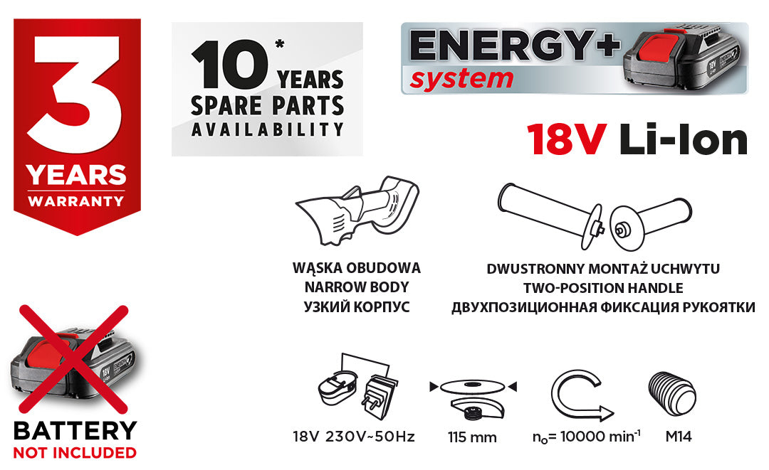 Akumulátorová uhlová brúska Energy+ 18 V, Li-Ion, kotúč 115 x 22,2 mm, bez akumulátora od GRAPHITE nájdeš na naravis.sk
