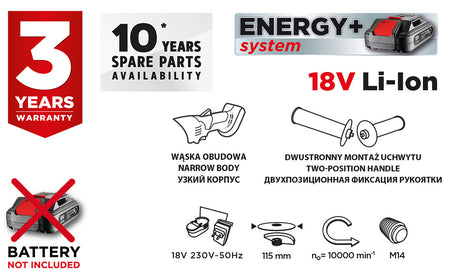 Akumulátorová uhlová brúska Energy+ 18 V, Li-Ion, kotúč 115 x 22,2 mm, bez akumulátora od GRAPHITE nájdeš na naravis.sk