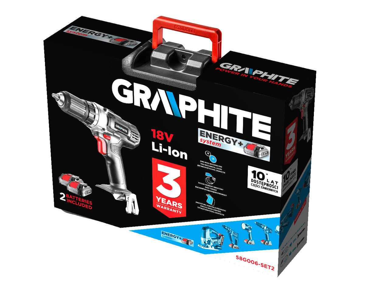 Akumulátorová vŕtačka/prípravok Energy+ 18V, Li-Ion, skľučovadlo 13 mm, 2 2Ah akumulátor, nabíjačka, kufor od GRAPHITE nájdeš na naravis.sk