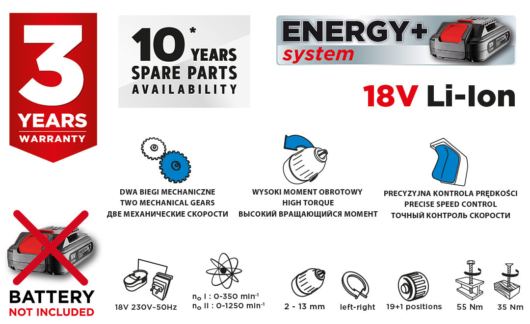 Akumulátorový vŕtací skrutkovač Energy+ 18 V, Li-Ion, 13 mm skľučovadlo, bez akumulátora od GRAPHITE nájdeš na naravis.sk