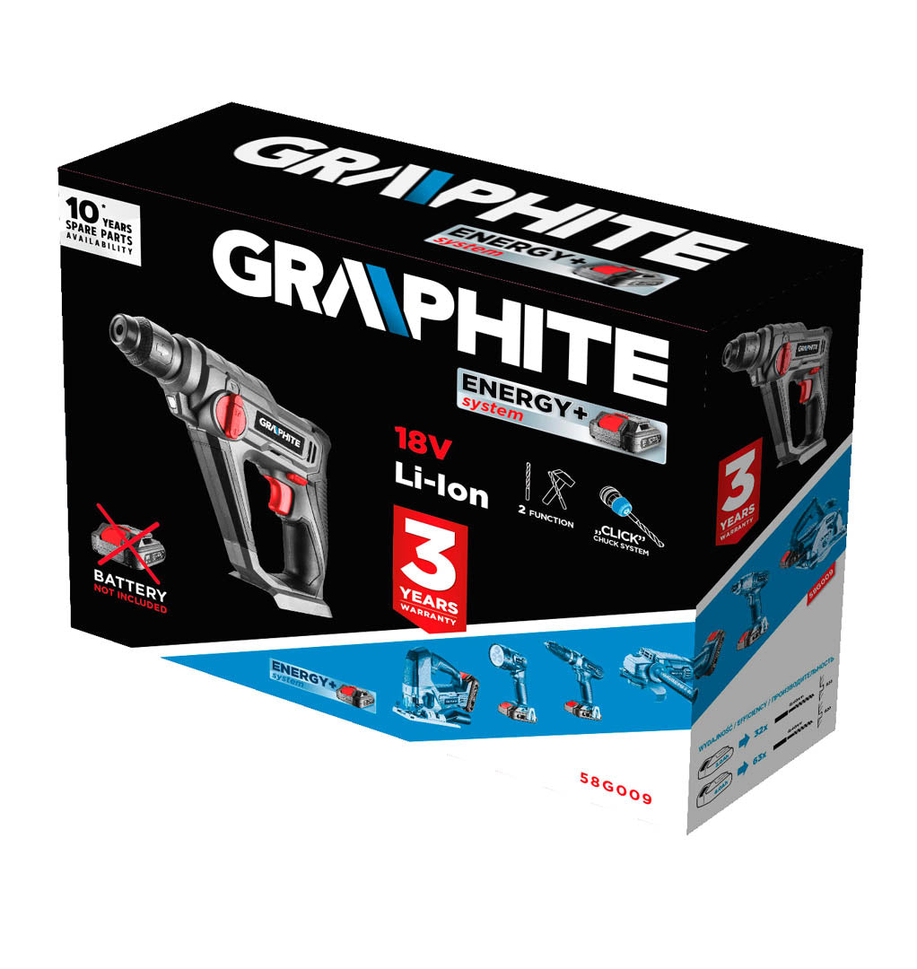 Akumulátorové vŕtacie kladivo SDS+ Energy+ 18V, Li-Ion/0,8 J, bez akumulátora od GRAPHITE nájdeš na naravis.sk
