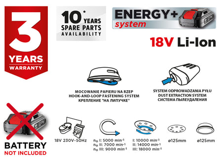 Excentrická brúska Energy+ 18 V, Li-Ion, pätka 125 mm, bez akumulátora od GRAPHITE nájdeš na naravis.sk