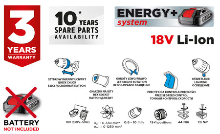 Energy+ 18V akumulátorová vŕtačka/príklepová vŕtačka, Li-Ion, 10 mm odnímateľná rukoväť, bez batérie od GRAPHITE nájdeš na naravis.sk