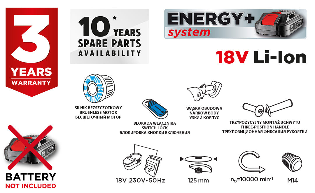 Akumulátorová bezkefková uhlová brúska Energy+ 18V, Li-Ion, kotúč 125mm, bez akumulátora od GRAPHITE nájdeš na naravis.sk