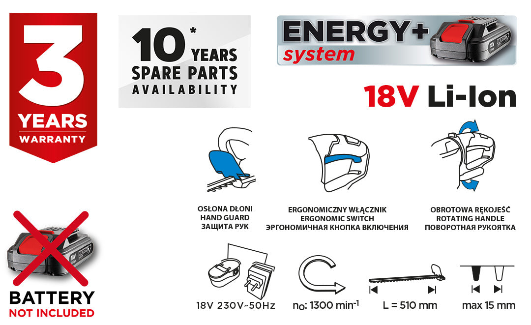 Akumulátorové nožnice na živý plot Energy+ 18V, Li-Ion, šírka rezu 510 mm, bez akumulátora od GRAPHITE nájdeš na naravis.sk