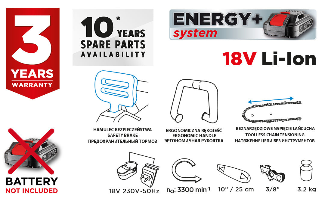 Energy+ 18V Li-Ion akumulátorová reťazová píla, 10" (250 mm), bez batérie od GRAPHITE nájdeš na naravis.sk