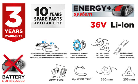 Akumulátorová bezkartáčová kosačka Energy+ 36V, Li-Ion, šírka záberu 350 mm, bez batérie od GRAPHITE nájdeš na naravis.sk