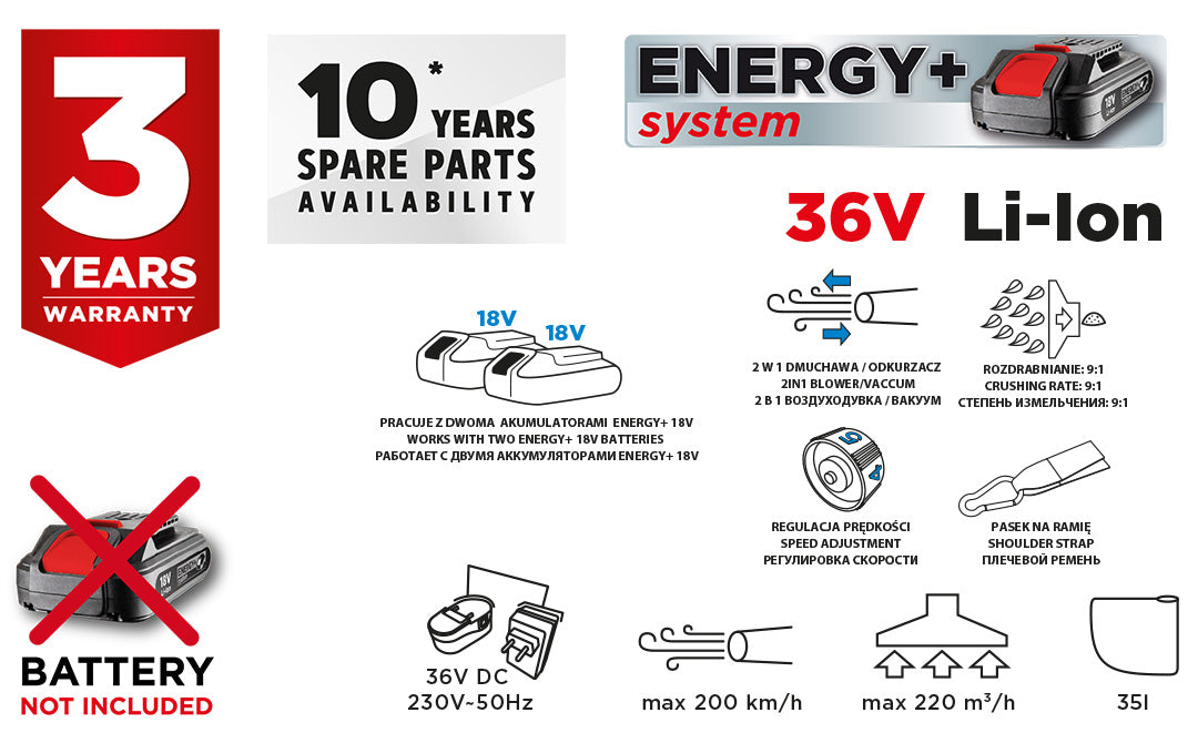 Akumulátorový záhradný vysávač Energy+ 36V Li-Ion, 2 v 1, kapacita vrecka 35 l, bez batérie od GRAPHITE nájdeš na naravis.sk