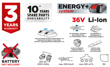 Akumulátorový záhradný vysávač Energy+ 36V Li-Ion, 2 v 1, kapacita vrecka 35 l, bez batérie od GRAPHITE nájdeš na naravis.sk