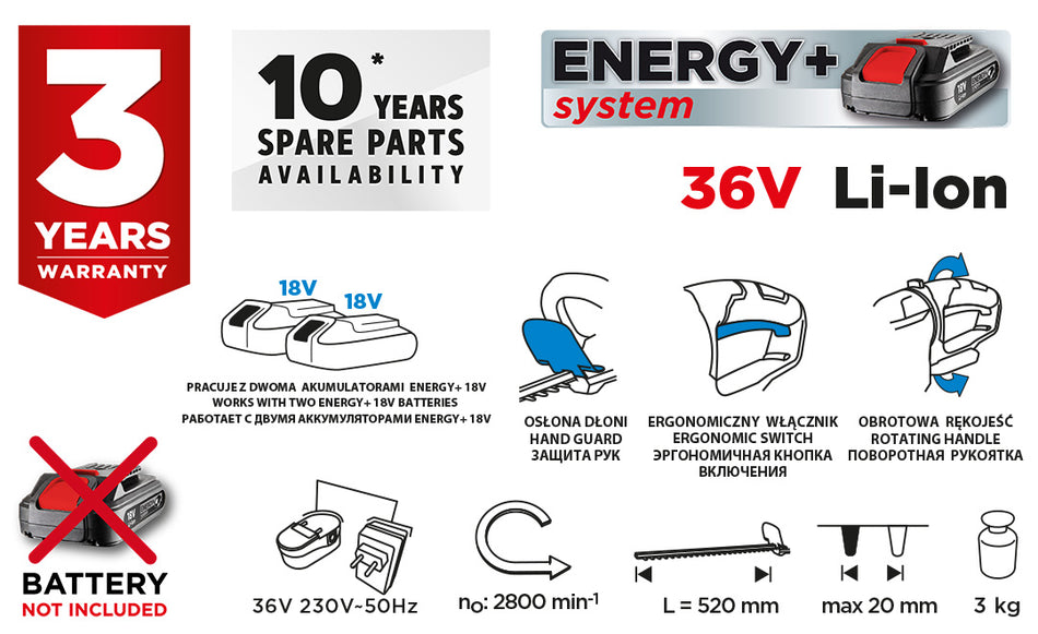 Energy+ 36V, Li-Ion akumulátorové nožnice na živý plot, šírka rezu 520 mm, bez batérie od GRAPHITE nájdeš na naravis.sk