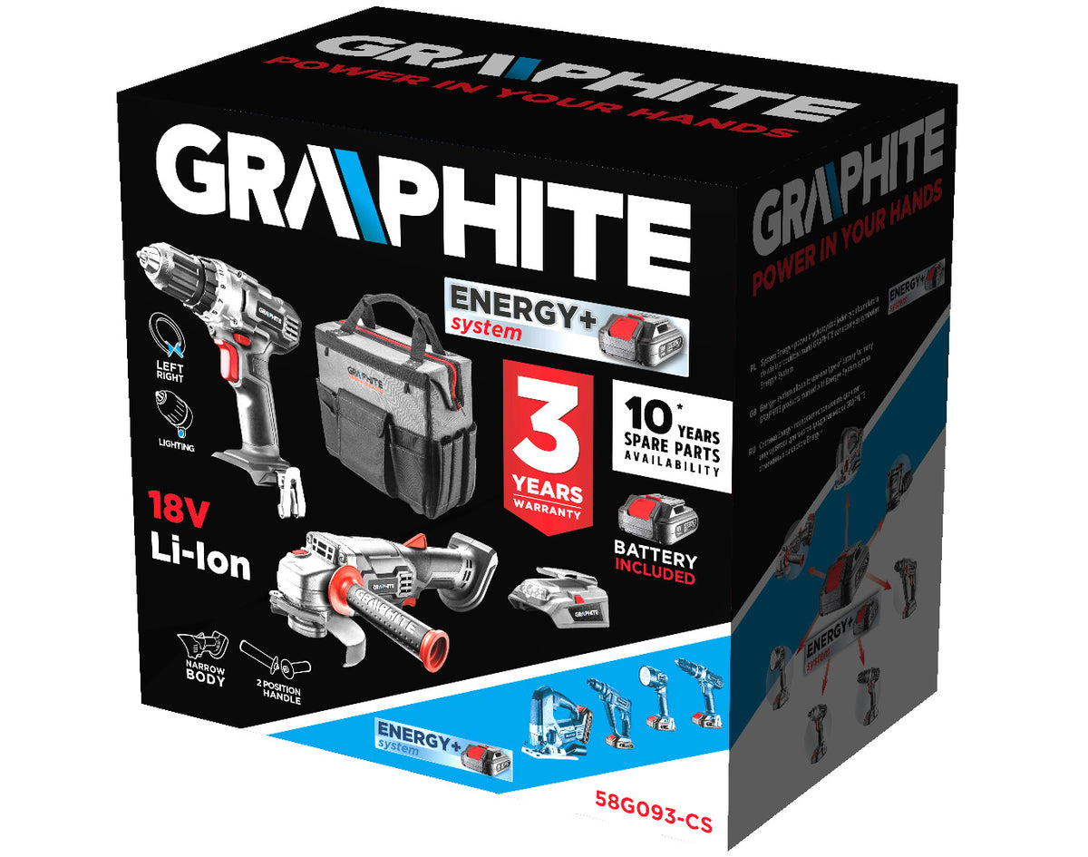 Súprava Energy+ vŕtačka/prístroj (58G000), uhlová brúska (58G003), USB adaptér-LED baterka (58G025), 2,0Ah (58G001) a 4.0Ah (58G004), nabíjačka (58G002), veľký kufor s rukoväťou (58G0930) od GRAPHITE nájdeš na naravis.sk