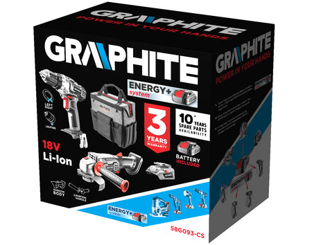 Súprava Energy+ vŕtačka/prístroj (58G000), uhlová brúska (58G003), USB adaptér-LED baterka (58G025), 2,0Ah (58G001) a 4.0Ah (58G004), nabíjačka (58G002), veľký kufor s rukoväťou (58G0930) od GRAPHITE nájdeš na naravis.sk