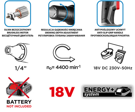 Bezkartáčový g/k panelový skrutkovač Energy+ 18 V, 0-4400 min-1, šesťhran 1/4", bez akumulátora. od GRAPHITE nájdeš na naravis.sk