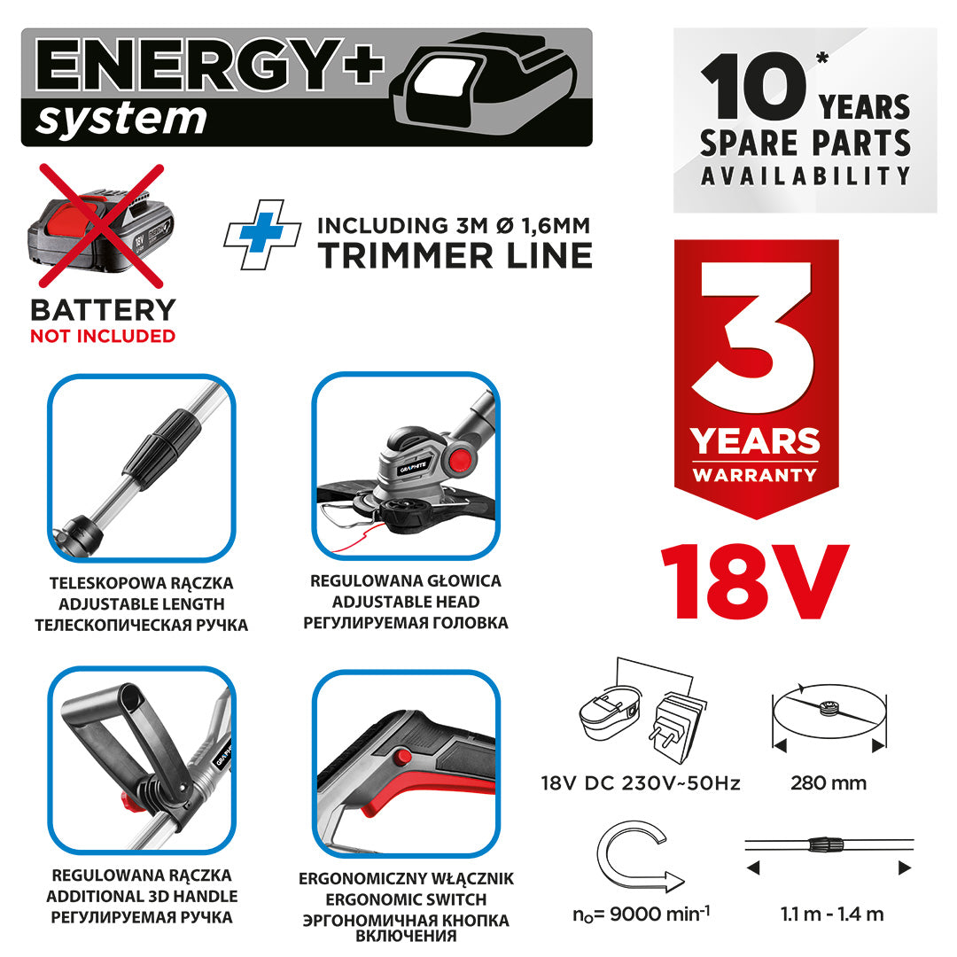 Akumulátorová kosačka na trávu Energy+ 18 V Li-lon, šírka záberu 280 mm, bez batérie od GRAPHITE nájdeš na naravis.sk