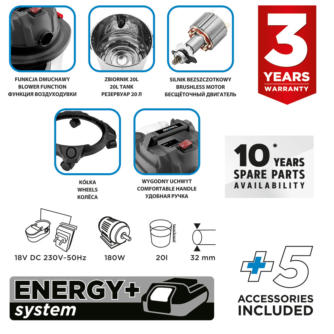 Vysávač Energy+ 18V Li-lon na mokré/suché vysávanie, 20 l nádrž, bez batérie od GRAPHITE nájdeš na naravis.sk