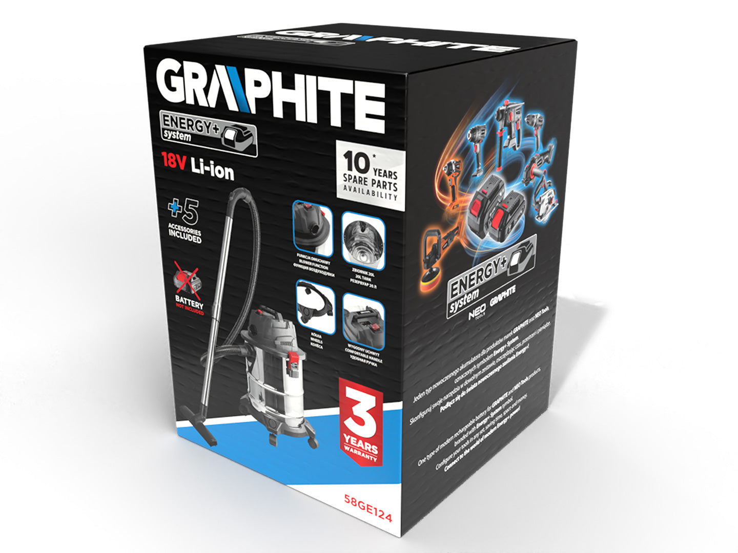 Vysávač Energy+ 18V Li-lon na mokré/suché vysávanie, 20 l nádrž, bez batérie od GRAPHITE nájdeš na naravis.sk