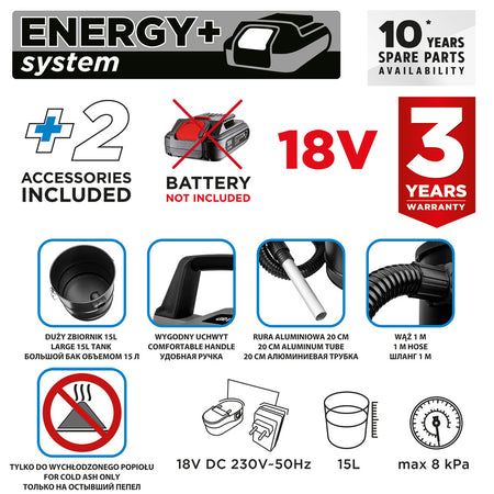 Odsávač popola Energy+ 18V Li-lon, 15l nádrž, bez batérie od GRAPHITE nájdeš na naravis.sk