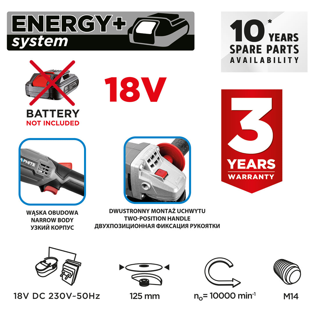 Akumulátorová uhlová brúska Energy+ 125 mm od GRAPHITE nájdeš na naravis.sk