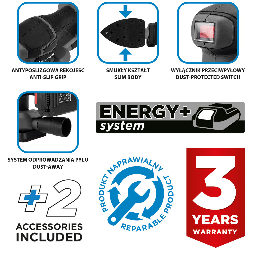 Orbitálna brúska DELTA Energy+ 18 V, bez batérie od GRAPHITE nájdeš na naravis.sk