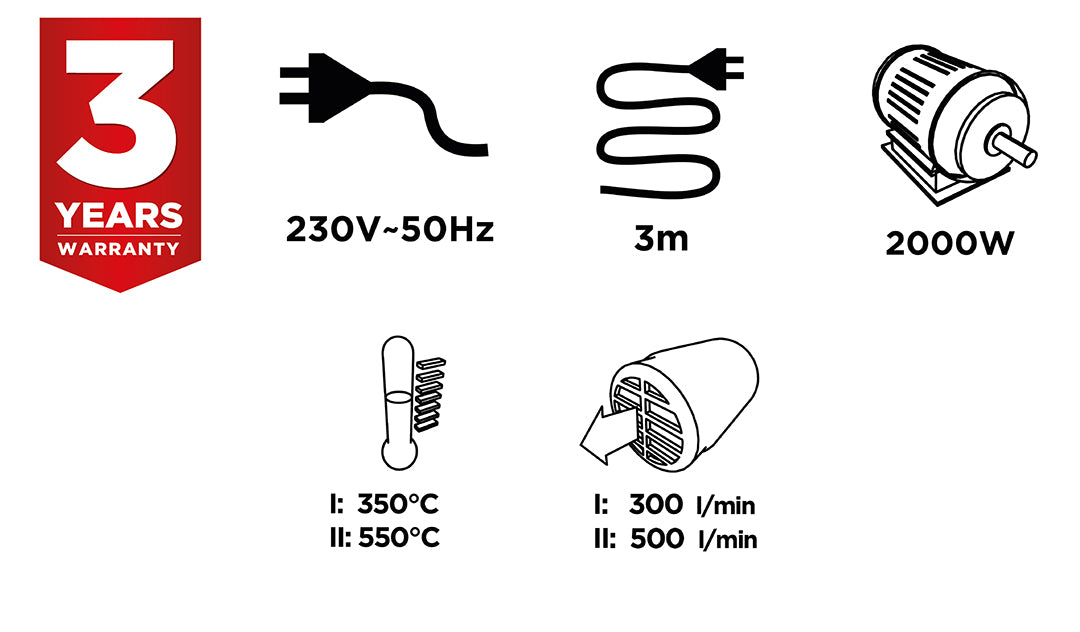 Teplovzd. pištoľ, 2000 W, tep. rozsah: I: 350ºC, II: 550ºC, od GRAPHITE nájdeš na naravis.sk