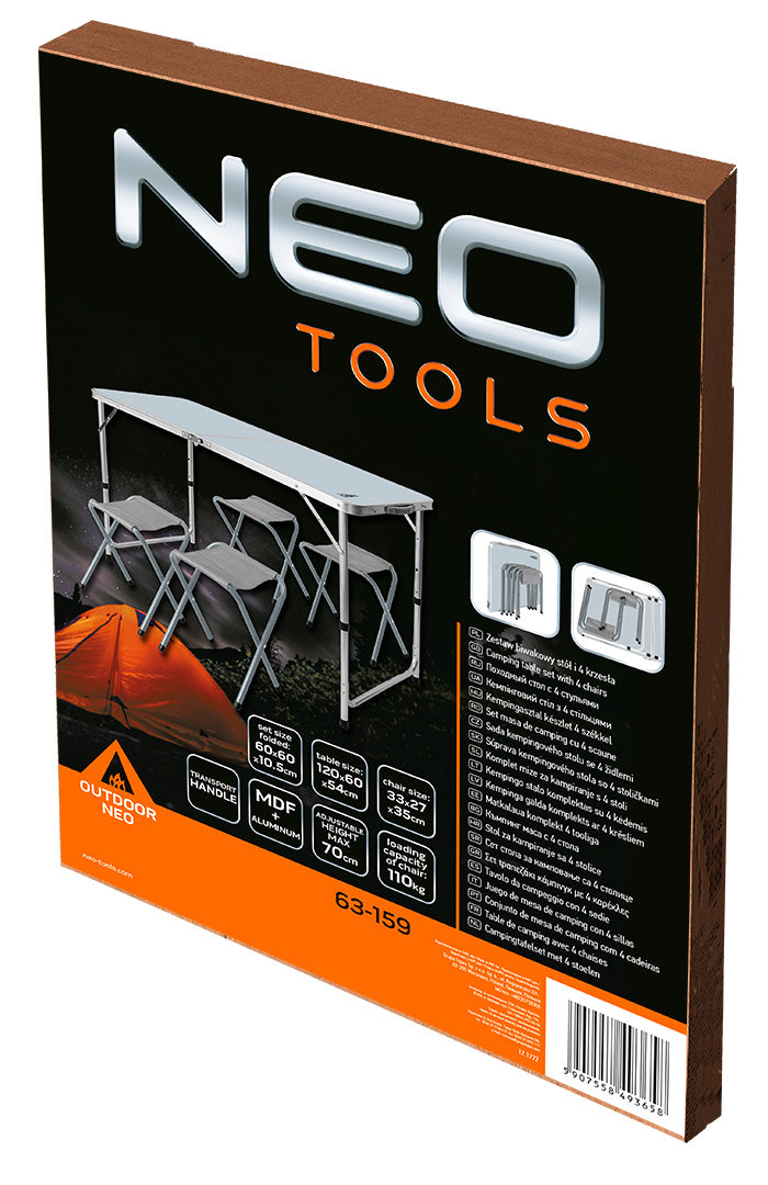 Kempingová súprava stola a 4 stoličiek zložená do kufra od NEO TOOLS nájdeš na naravis.sk