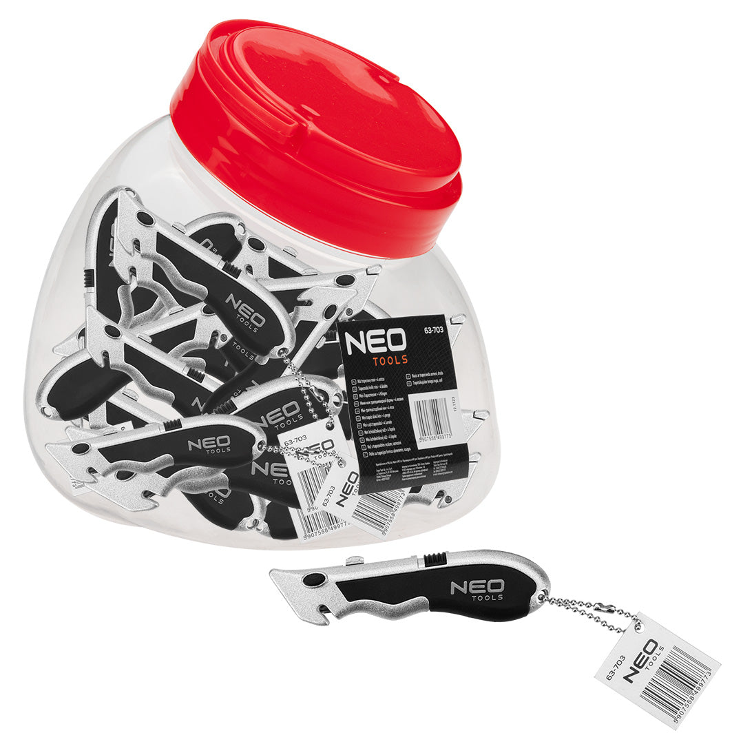 Mini lichobežníkový nôž + 4 čepele v nádobe, násobky po 30. od NEO TOOLS nájdeš na naravis.sk