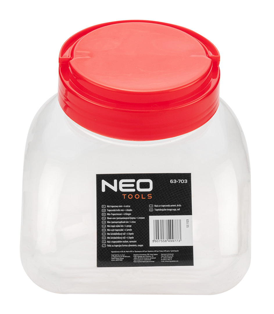 Mini lichobežníkový nôž + 4 čepele v nádobe, násobky po 30. od NEO TOOLS nájdeš na naravis.sk