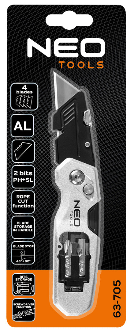 Skladací nôž s lichobežníkovou čepeľou 1+3 čepele, 2 bity od NEO TOOLS nájdeš na naravis.sk