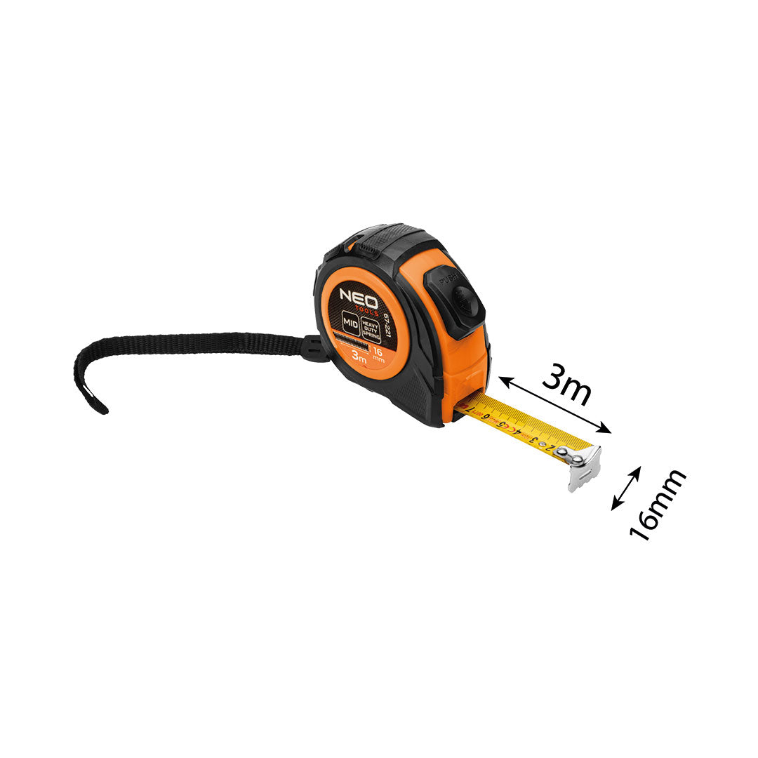 Rolovací oceľový meter 3 m x 16 mm, automatické blokovanie, dve tlačidlá na zastavenie od NEO TOOLS nájdeš na naravis.sk