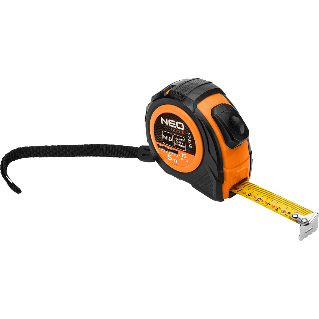 Rolovací oceľový meter 5 m x 19 mm, automatické blokovanie, dve tlačidlá na zastavenie od NEO TOOLS nájdeš na naravis.sk